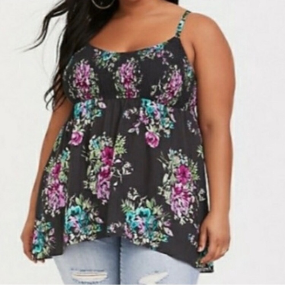 Torrid Floral Cami Smocked Dark Grey Floral Size 2X Babydoll Top